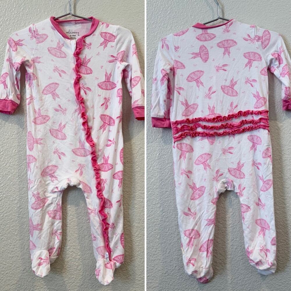 Mulberry Ruffle Zip Footie PJ Pajama Onesie Ballet Tutu white pink